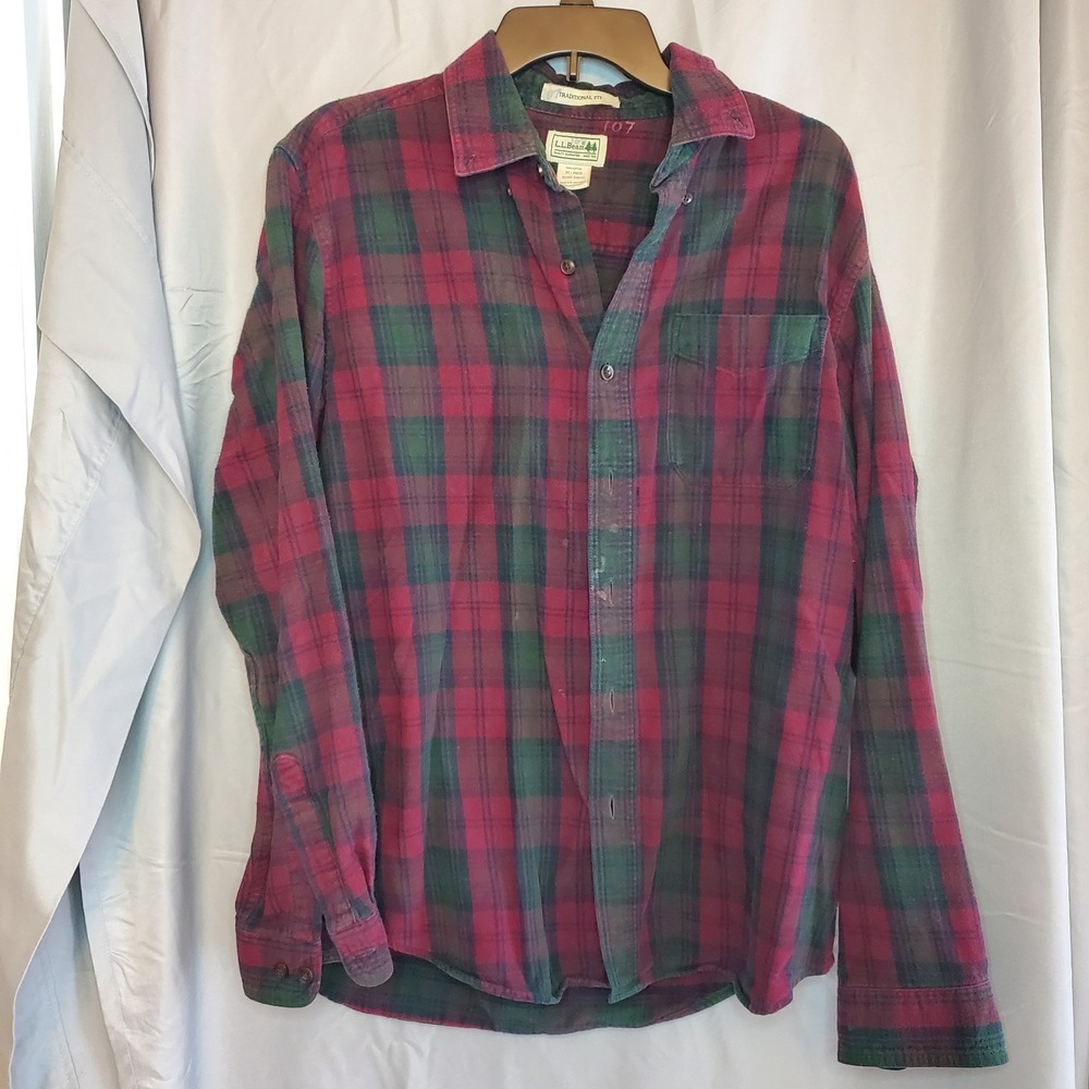 LL BEAN Traditional Fit Mens XL 100% Cotton Flannel Scotch Plaid Shirt Red Green